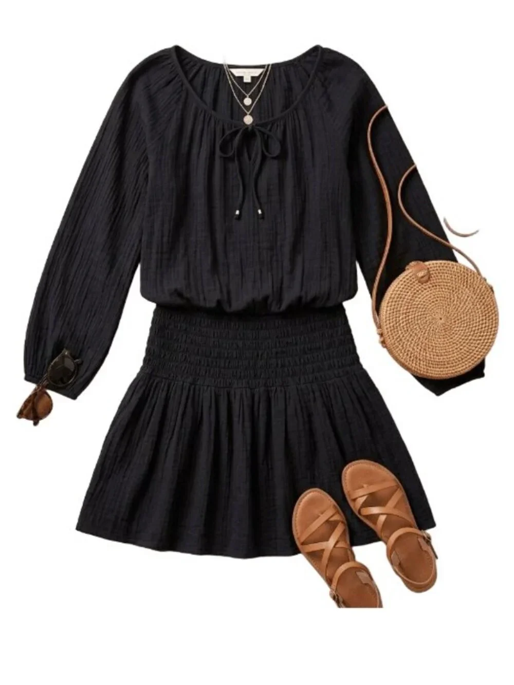 Free People Moonlight Drive Smocked Mini Dress Gauze Boho Long Sleeves Black XS